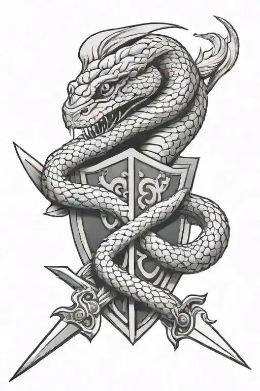 Full Shoulder Tattoo Of A Cobra Snake Behind A Sheild Stabbed With A Sword