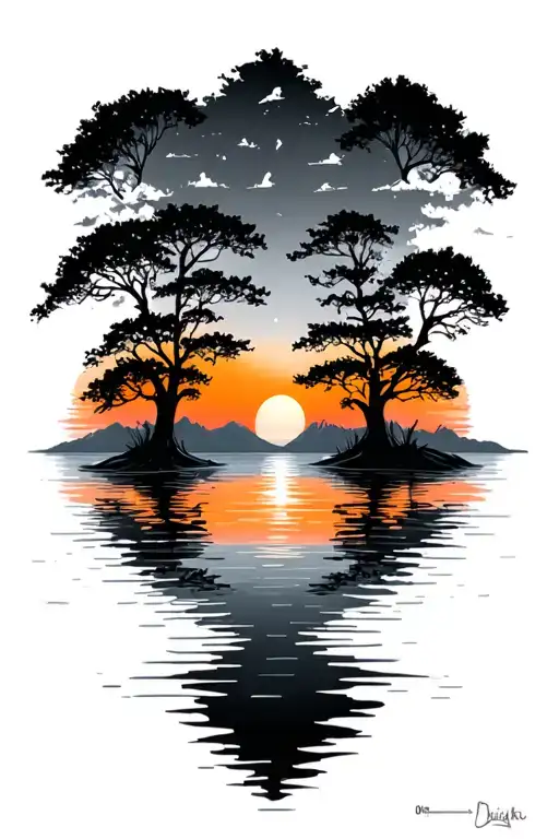 Trees Colors Sunset Over Lake