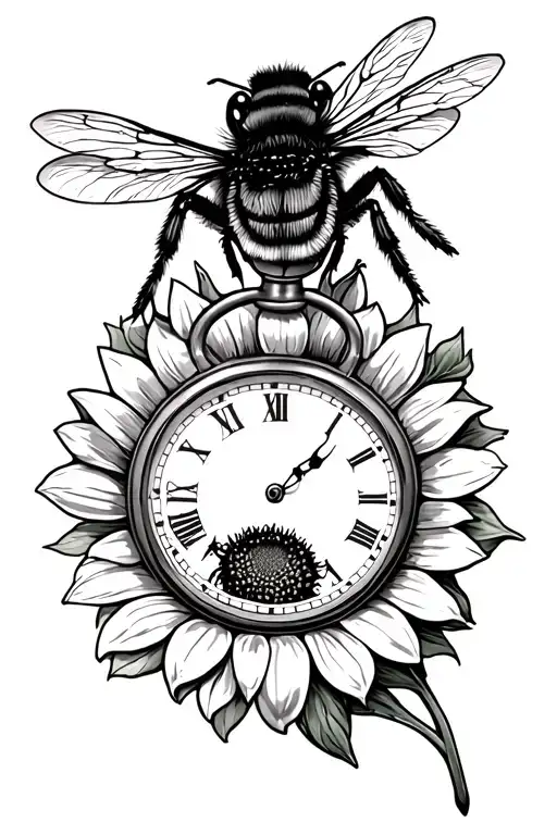 A Bumble Bee Ontop Of A Pocket Watch With A Sunflower Below It