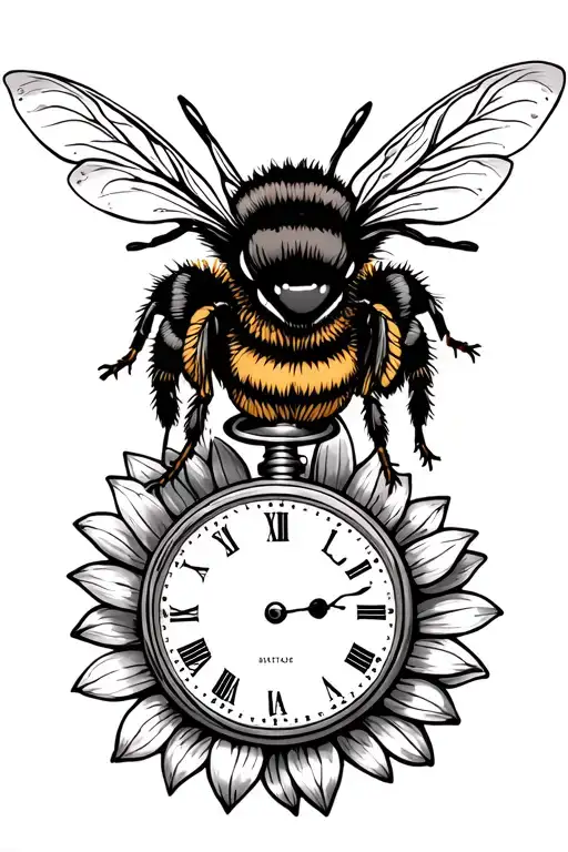 A Bumble Bee Ontop Of A Pocket Watch With A Sunflower Below It