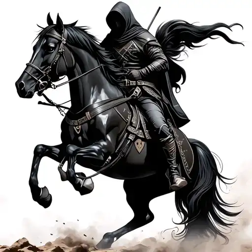 Hooded Assassin Riding Black Horse