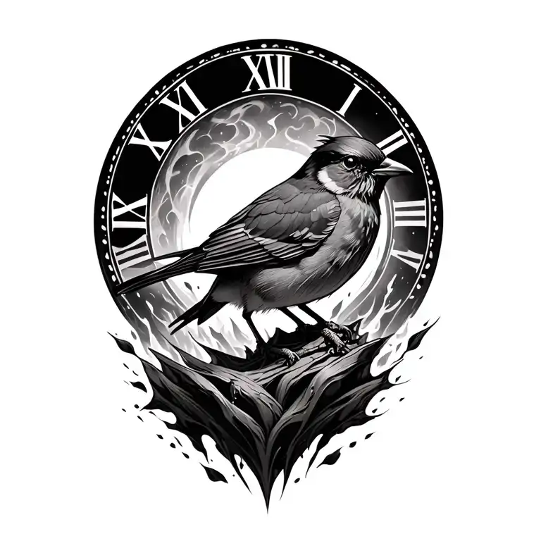 Robin Bird Rising From Ashes With Roman Numerals