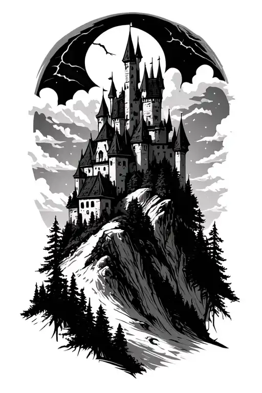 Creepy Castle On The Top Of A Mountain In The Forest