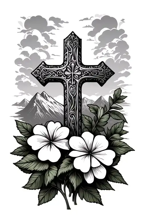 Cross With Clover And Gardenias With Background Of The Mountains
