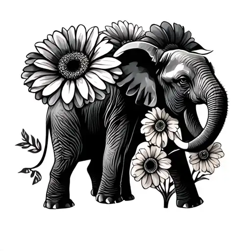 Gerbera Flowers With Elephant Walking