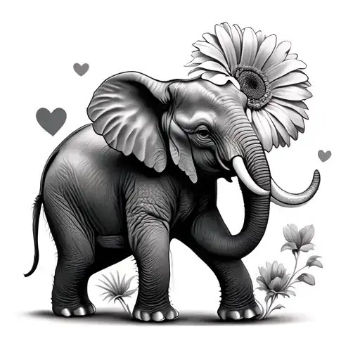 Gerbera Flowers With Elephant Walking With 3 Hearts