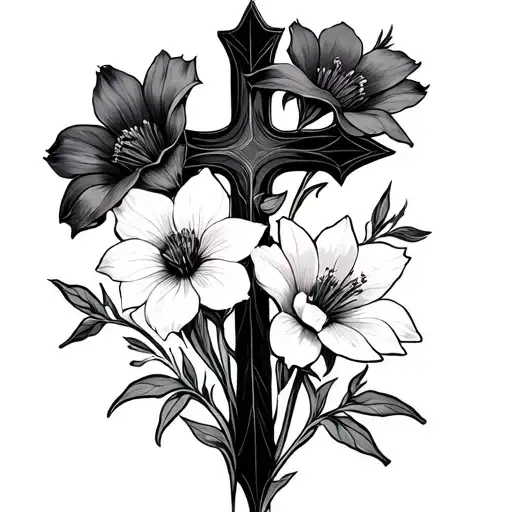 Cross With Columbine Flowers In The Background