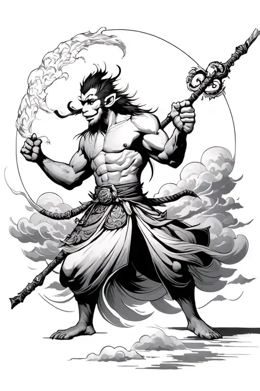 Japanese Style Sun Wukong With Staff In Fighting Stance Amongst Cloud
