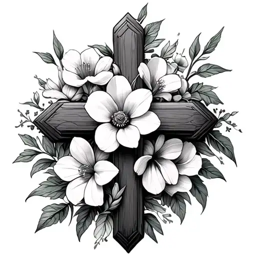 Cross With Columbine Flowers In The Background