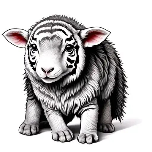 A Baby Lamb Wearing A Tigers Pelt On Its Back Like It's A Coat Or A Cape
