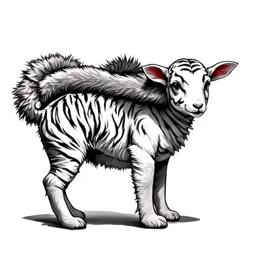 A Baby Lamb Carrying A Tigers Pelt On Its Back Like It's A Coat Or A Cape