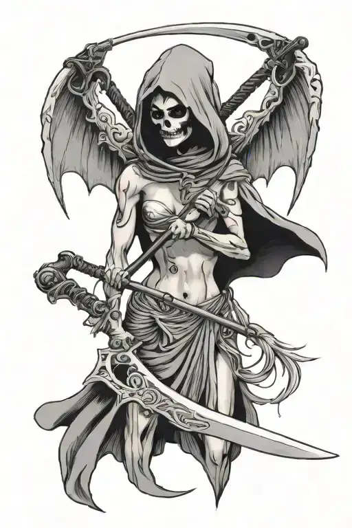 Female Grim Reaper Holding A Scythe Bare Chested