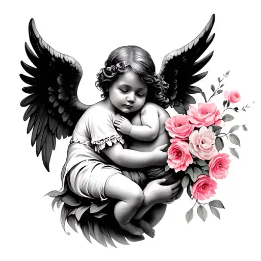 Baby Angel Being Held By Mum With Some Flowers And Pink Colouring