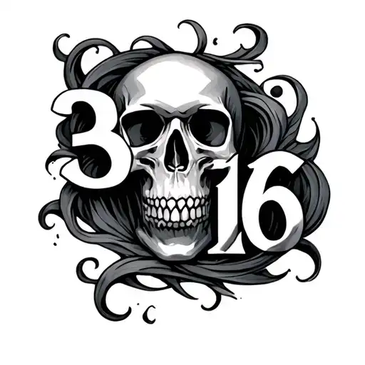 A Black And White Piece With The Number 316 And A Skull Surrounded By Swirls