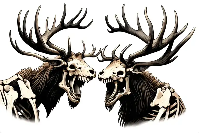 Two Elk Skeletons Fighting Each Other With Antlers Locked Together And In Landscape Orientation