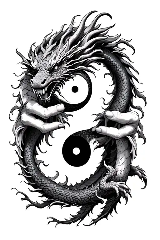 Dragon Around Hand And Yin Yang