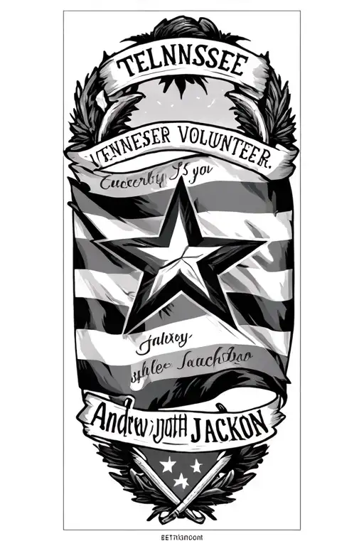 A Black And Grey Tattoo Of The Tennessee Tristar Flag With Andrew Jackson Volunteer Quote