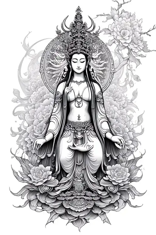 Full Body Chinese Goddess Guan Yin Tattoo Design
