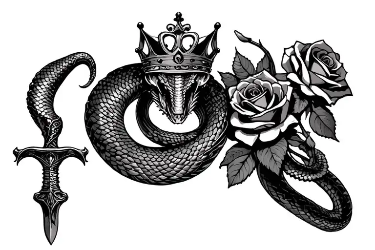 King Cobra On A Dagger With A Crown On The Handle And Three Roses