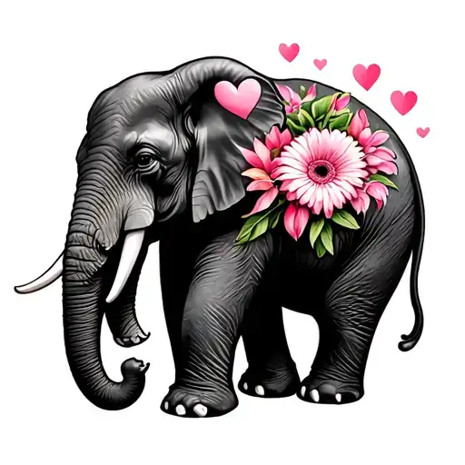 Elephant With 3 Hearts On The Body And Gerbera Flowers