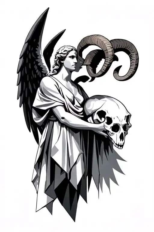 Geometric Greek Angel Holding Ram Skull
