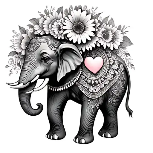 Mandala Elephant With 3 Hearts On The Body And Gerbera Flowers
