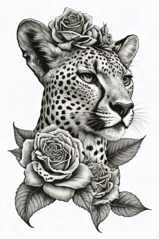 Cheetah With Woman Face With A Rose Wrapped