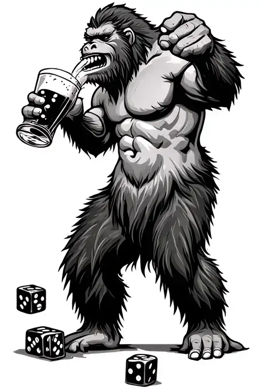 A Bigfoot Drinking Mead And Rolling Dice