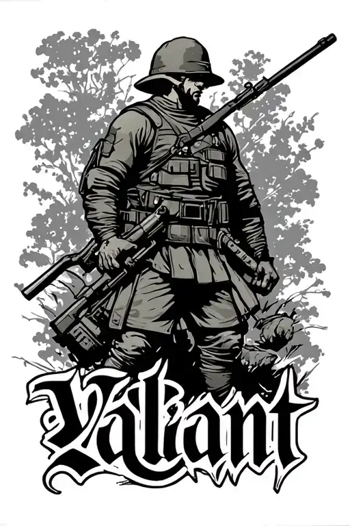 Army Man Silhouett With Word Valiant In Old English Underneath