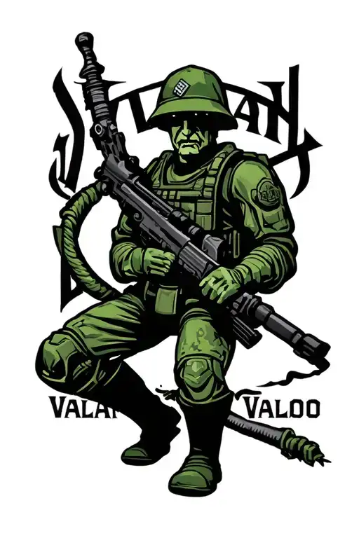 Green Toy Army Man With Word Valiant In Old English Underneath