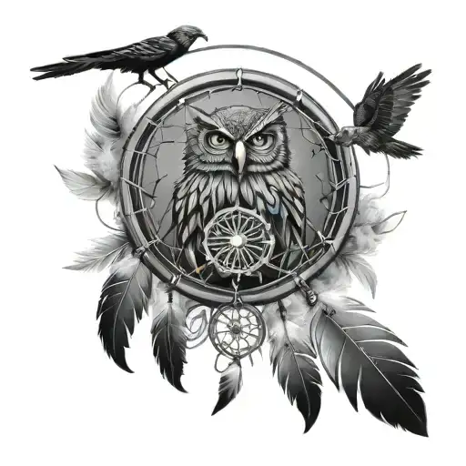Dream Catcher With Eagle And Owl Feathers