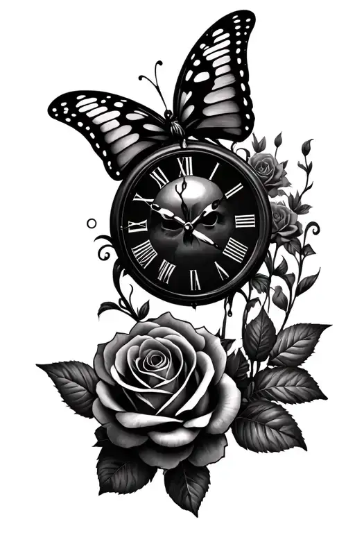 Butterfly Skull Clock Roses