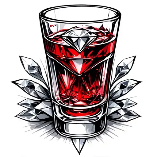 Shot Glass Traditional Tattoo With Red Liquid And Diamonds