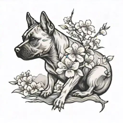 Cherry Blossom Tree With Black Pitbull Sitting
