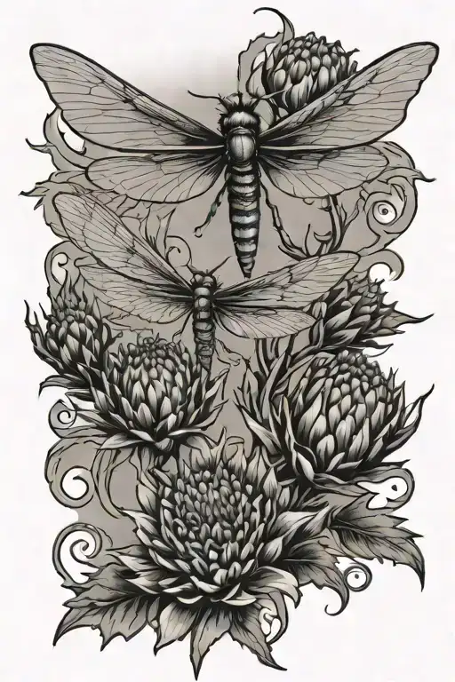 Thistle Intertwined With Dragonfly Flying