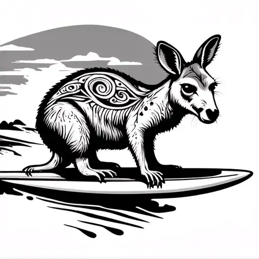 Surfing Kangaroo In Aboriginal Style Ohm Smbole In The Middle
