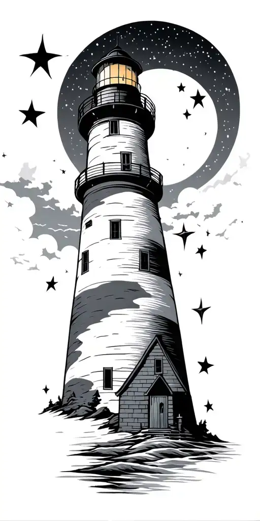 Lighthouse With Night Sky And Moon Shining And Stars