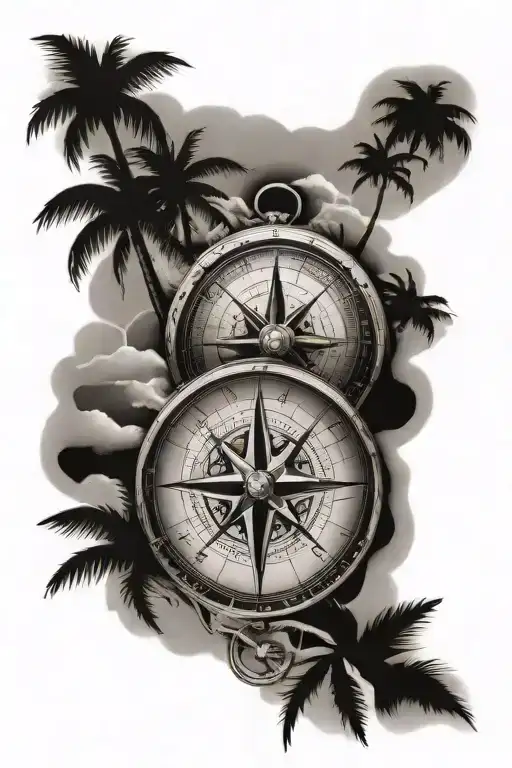 Compass In The Sand Beach With Palm Trees