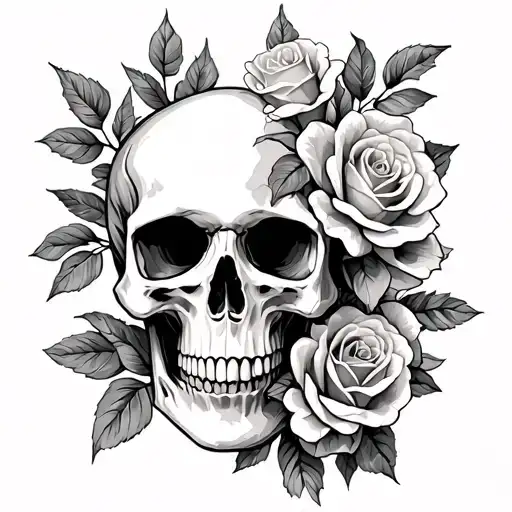 Skull And Roses Blooming Flowers