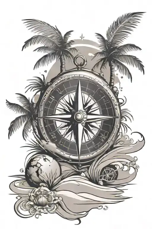 Compass In The Sand Beach With Palm Trees