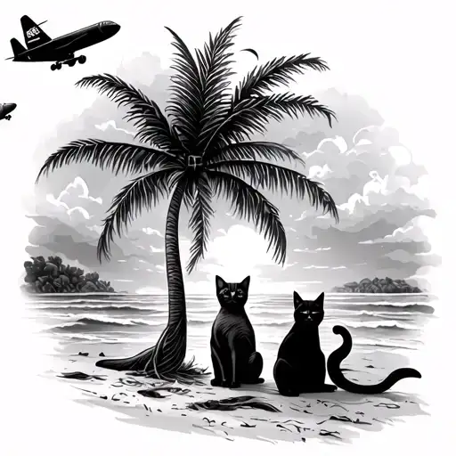 Palm Tree Cats Sitting On The Beach And Plane Flying