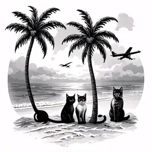 Palm Tree Cats Sitting On The Beach Facing The Water And Plane Flying