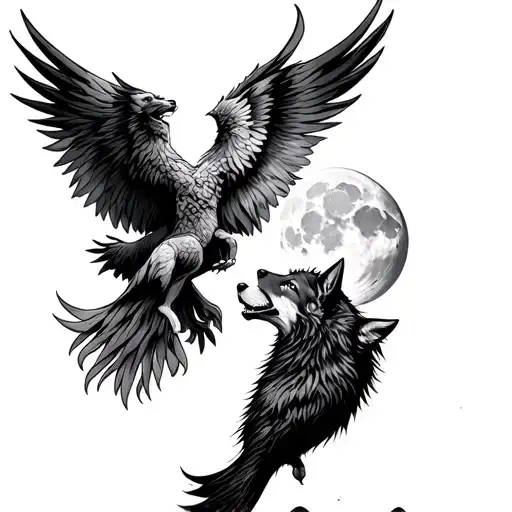 Fine Line Tiny Phoenix And Wolf Howling At The Moon