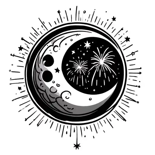 Outline Of Crescent Moon With Design Inside With Stars And Fireworks Around Moon