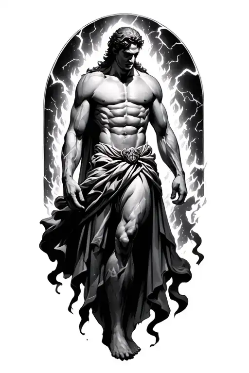 Prometheus Looking Down From Above Full Body Like A God With Lightning And Fire Around Him