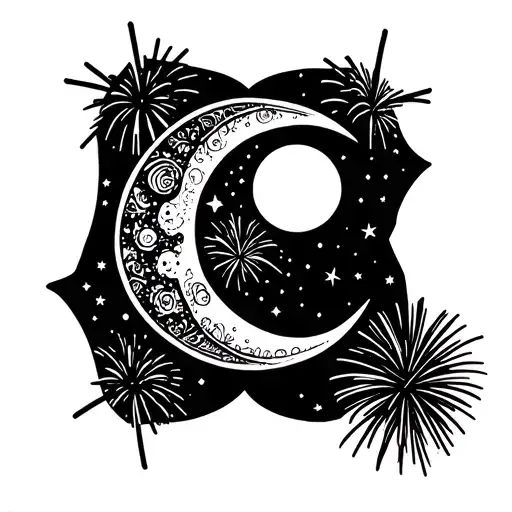 Outline Of Crescent Moon With Simple Design Inside With Stars And Fireworks Around Moon