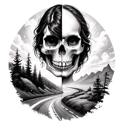 Half Skull Half Woman Face With A Senic Landscape With A Road In The For Head Of The