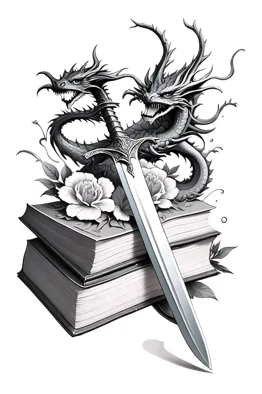 Sword Pieacing Books With Dragons And Flowers Coming Out Of The Books