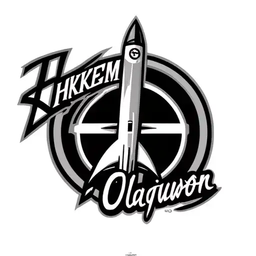 Old Rockets Logo Combined With The Name Hakeem Olajuwon