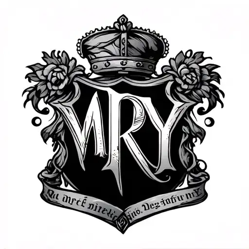 Mry Three Letters With Symbolic Crest Tattoo Design